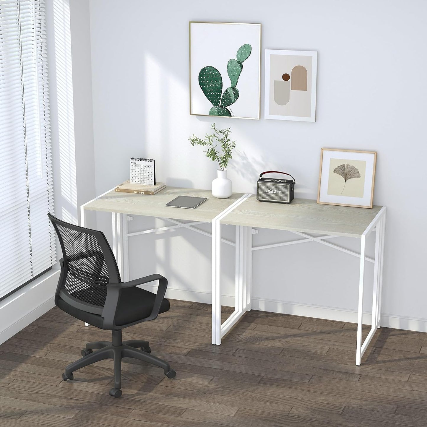 32 inch Small Folding Desk, Writing Gaming Computer Camping Desk for Small Spaces, No Assembly Required Home Office Desk, Natural and White