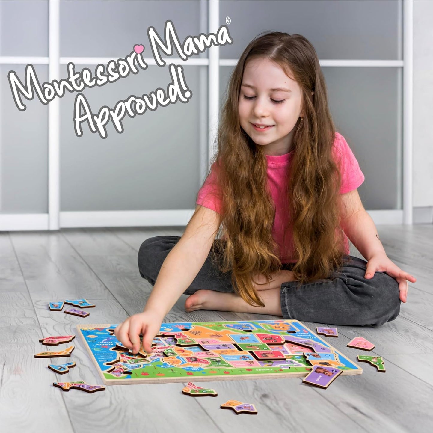 Montessori Mama USA Map Wooden Puzzle, Puzzles for Kids Ages 4-6 Educational Toys for 4 Year Old Kids Puzzles Ages 5-8 Landmarks, Animals, Capitols and States