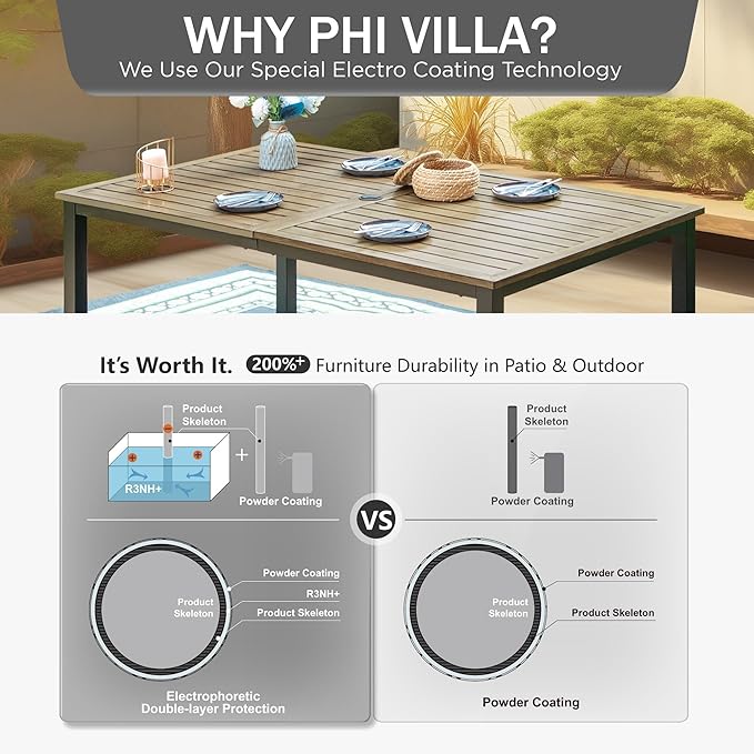 PHI VILLA 64" Rectangle Outdoor Dining Table, Patio Furniture Wood-Like Tabletop with Umbrella Hole for Patio Lawn Backyard Garden, Brown