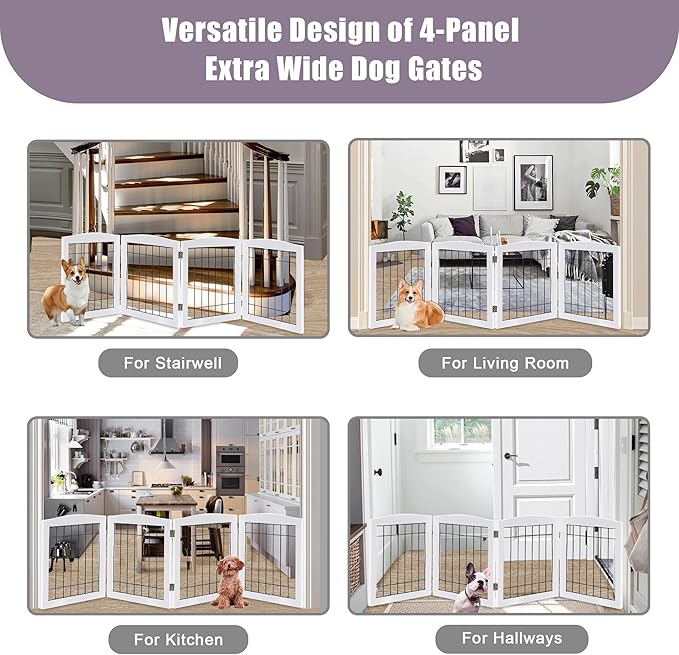 LZRS 4-Panel Extra-Wide Wooden Freestanding Dog Gate: Foldable Solid Wood and Steel Wire Chew Resistant Safety Barrier for Doorways, Stairs, and Large Open Spaces Indoor Use, White