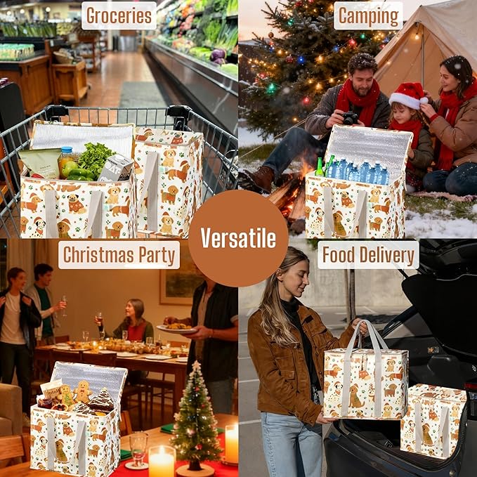 VENO 2 Pack Cooler Bag, Insulated Grocery Bags for Food Delivery, Collapsible Cooler, Reusable Shopping Bags for Groceries, Hard Bottom, Zippered, Foldable, Christmas Pattern (Holiday Pups, 2 Pack)