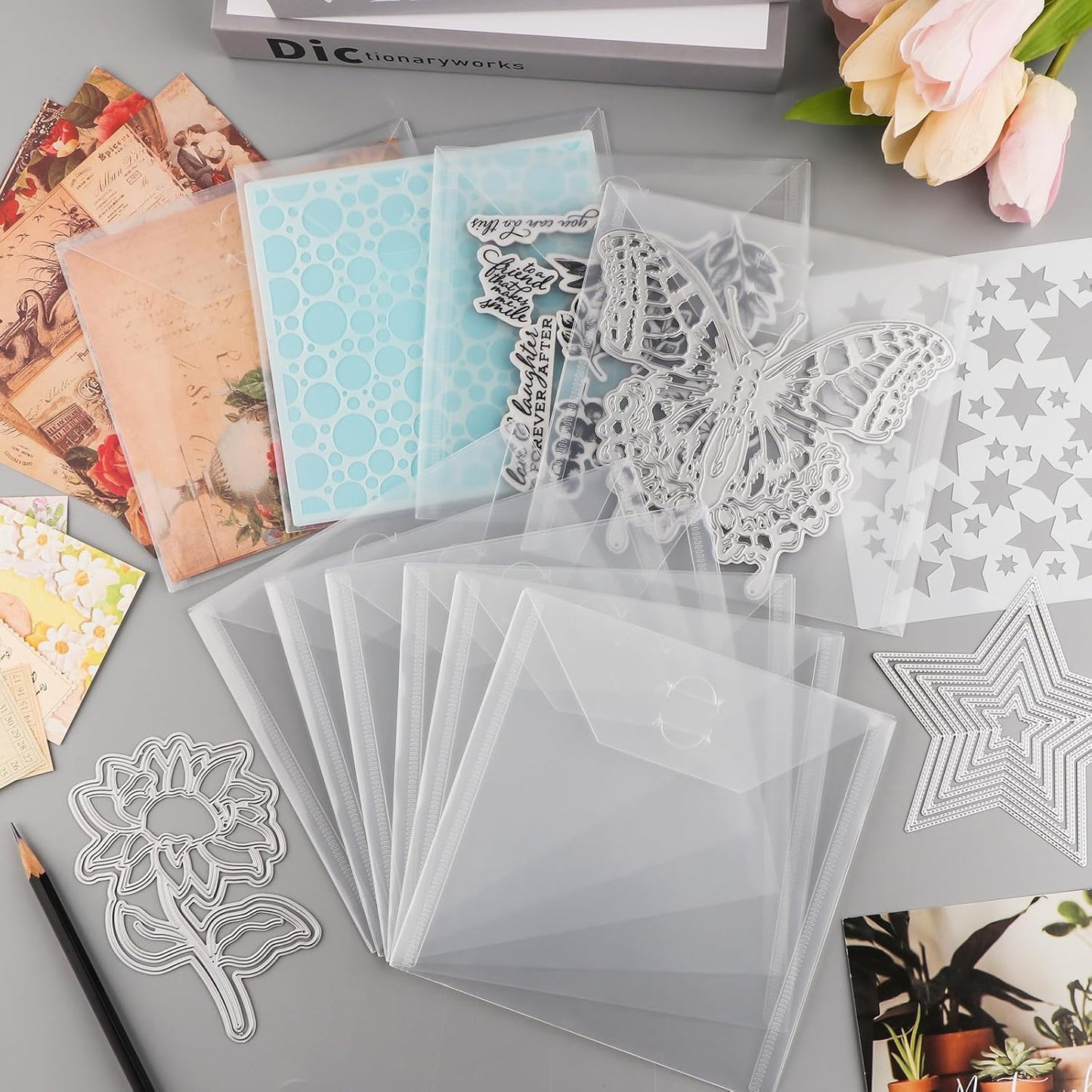 20 Pcs 6.4x6.4 Stamp & Die Storage Pockets Resealable Clear Plastic Seal Bags Storage Case for Cutting Dies Stencil Album Stamp Crafts DIY Scrap Booking Paper Card Craft Cutting Dies Card Making