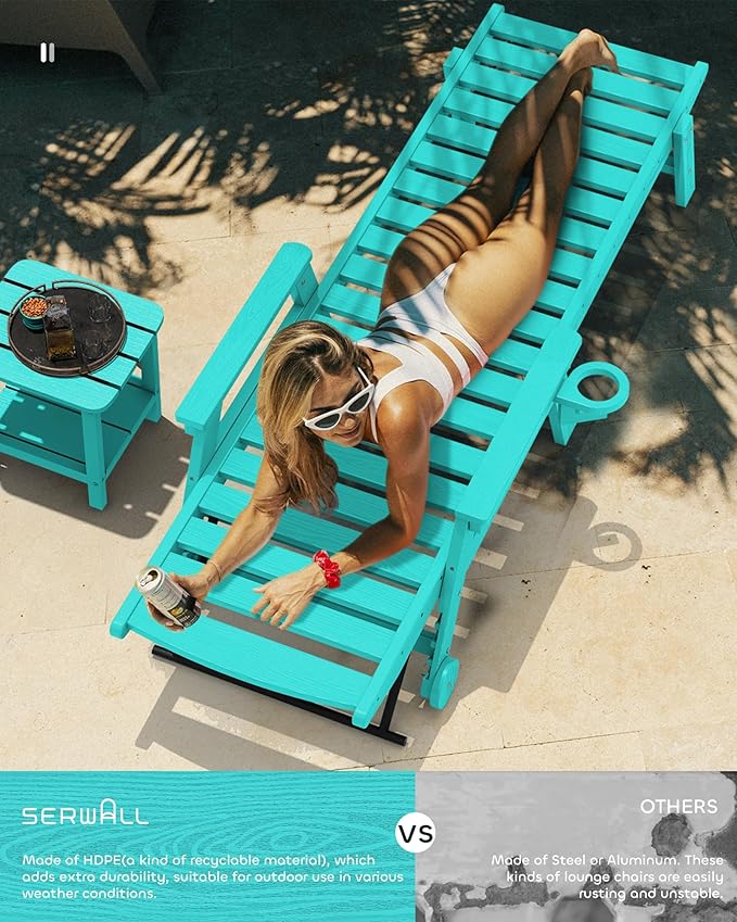 SERWALL Patio Chaise Lounge Chair, 78'' Long HDPE 5 Positions Adjustable Outdoor Lounger, Poly Lounge Chair with Rolling Wheels & Cup Holder for Pool, Aqua Blue