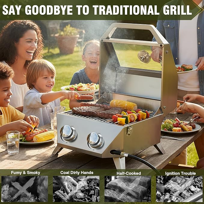 BESTFIRE Tabletop Gas Grill with 2 Burners & Viewing Glass Lid, 20,000 BTU Stainless Steel Portable BBQ Grill with Thermometer, Push-Button Ignition for Outdoor Patio, Camping, RV, Tailgating