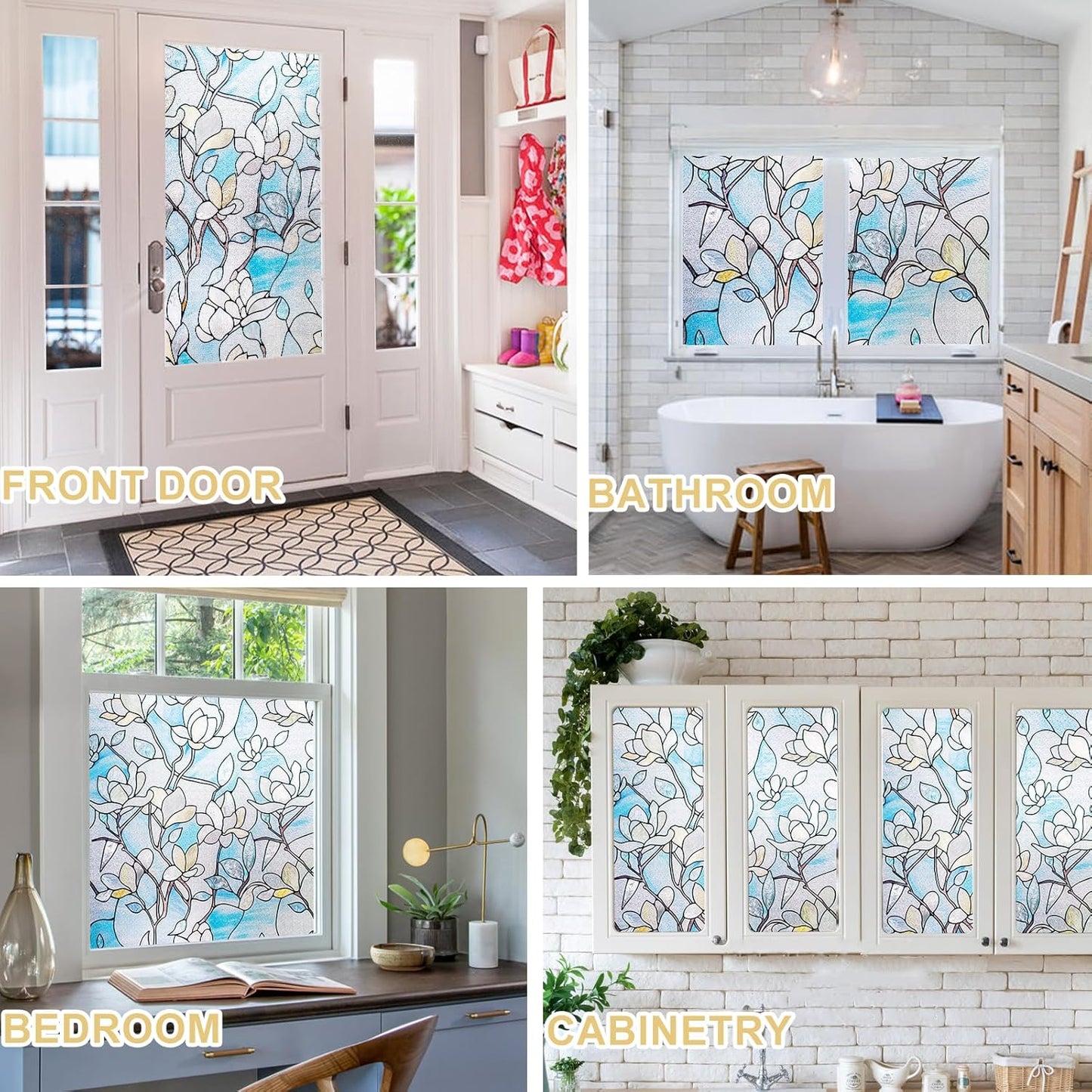 3D Stained Glass Window Privacy Film, Heat Control UV Blocking Static Cling Decorative Window Film for Bathroom,Front Door,Home Non Adhesive,23.6 x 39.3 inches Magnolia