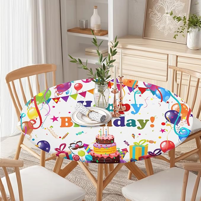 Birthday Round Fitted Tablecloth with Elastic Colorful Happy Birthday Party Circle Table Cover for 48-52" Round Tables Wipeable Waterproof Cake Balloons Gifts Table Cloth for Picnic Dining Patio Decor