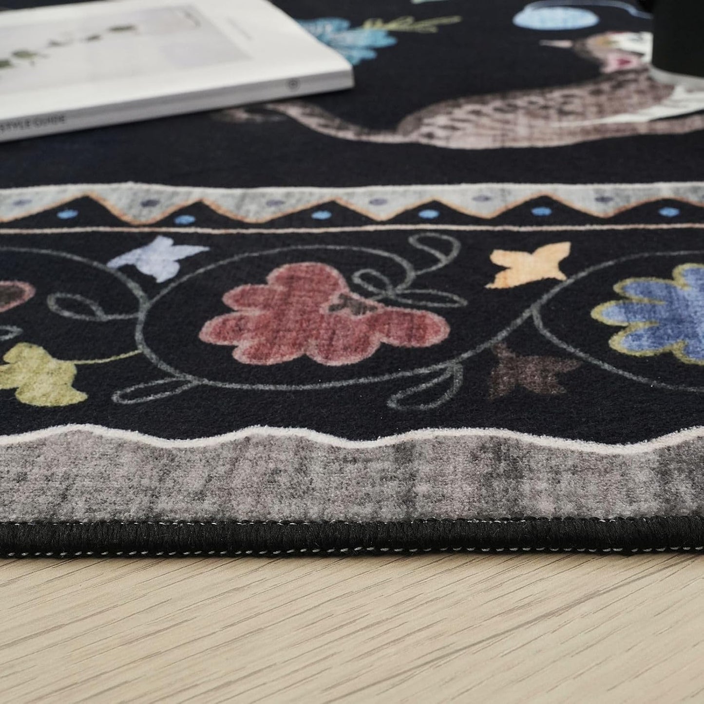 Rugcomf Round Rug 6ft Washable Circle Rug Non Slip Low Pile Boho Floral Animal Cat Small Circular Rug for Bedroom Bathroom Entryway Kids Room Office College Dorm, Black