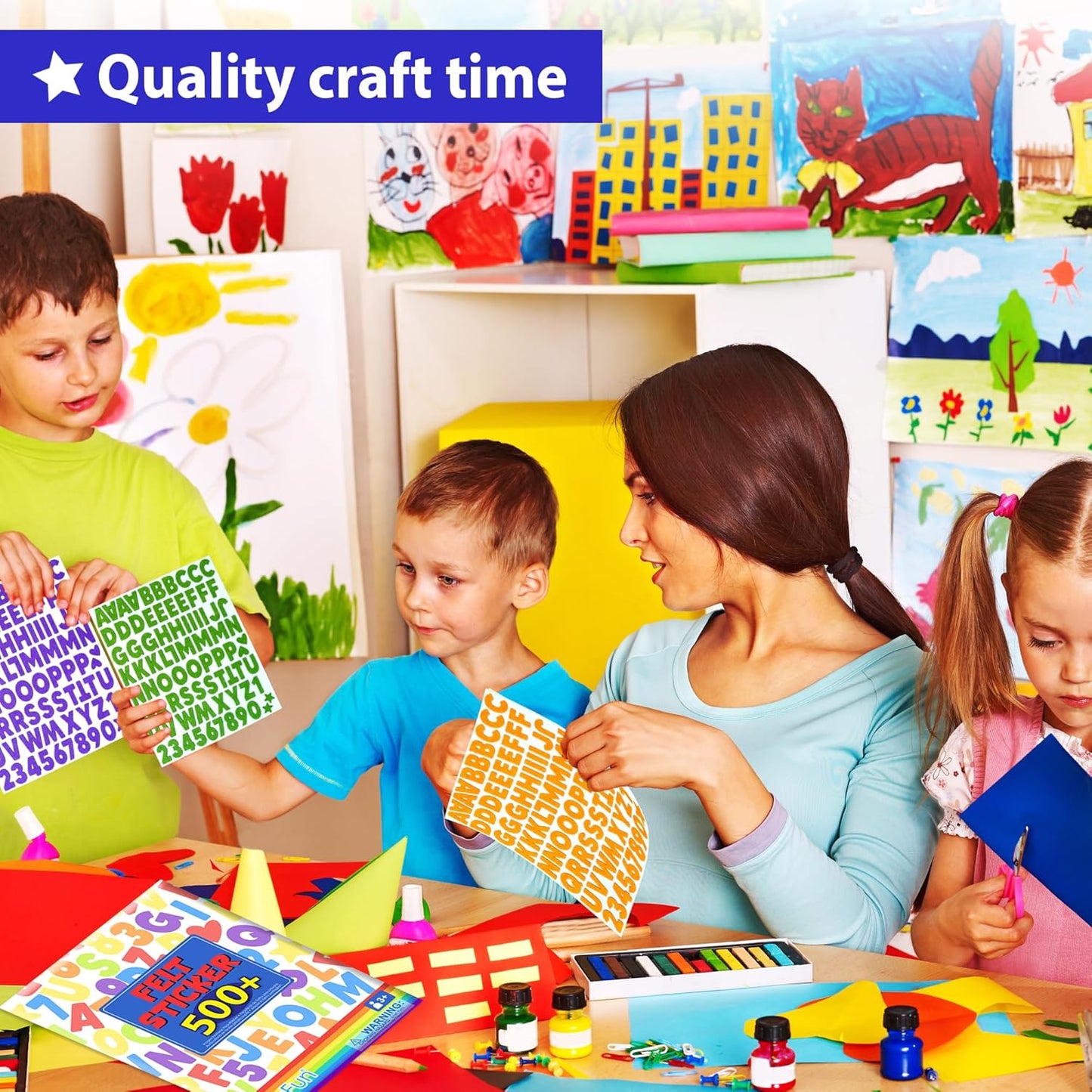 KRAFUN Felt Sticker Kit for Beginner Toddlers, Kids Arts & Crafts, Pack of 500 Assorted Scrapbook Stickers Alphabets, Numbers, Fun Shapes, Preschool, Children Early Learning, self Adhesive