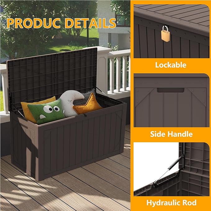 100 Gallon Resin Deck Box, Waterproof Outdoor Storage Box for Patio Furniture, Garden Tools, and Pool Accessories, Lockable UV-Resistant Storage Bin Bench Cabinet for Outside, Brown