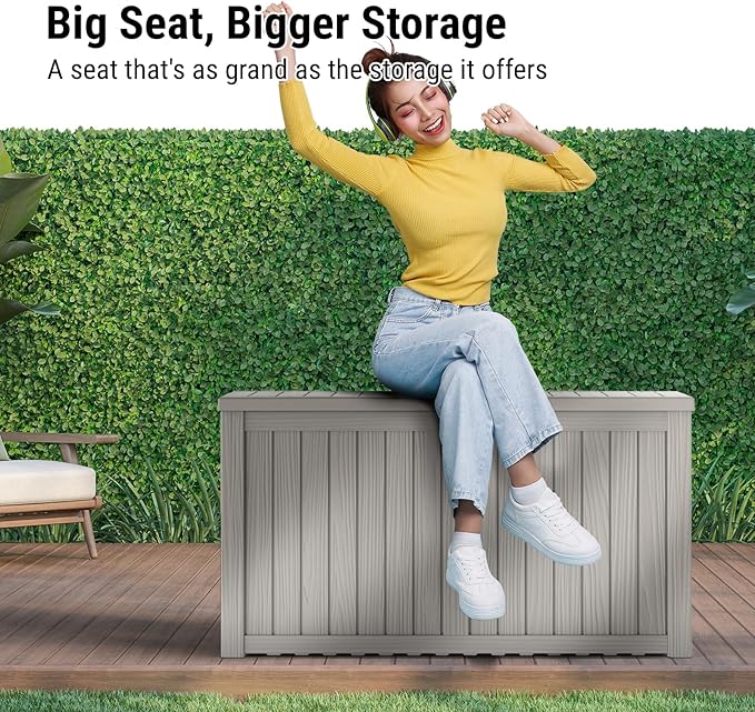 Mars Villa 180 Gallon Outdoor Storage Box, Large Waterproof Resin Deck Box for Patio Furniture Cushions, Pool Supplies, Gardening Tools, Lockable, Weatherproof and UV Resistant, Greige