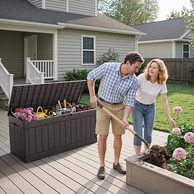 Flamaker Outdoor Storage Box 80 Gallon Resin Waterproof Deck Box Delivery Box with Wood Texture Large Storage Bin for Patio Cushions (Brown)