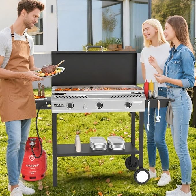 ROVSUN 2-in-1 Propane Stove & 33'' Griddle Combo with Ignition, 3 Burner 225,000 BTU Gas Stove & Grill with Side Shelves, Rolling Wheel & Regulator for Home Outdoor Backyard Camping Cooking Grilling