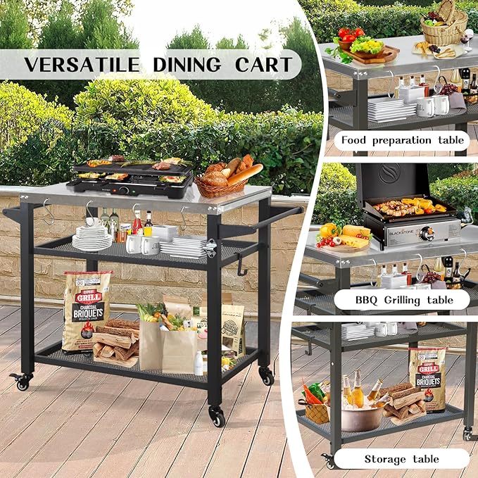 Domi 3-Tier Outdoor BBQ Grill Cart with Lockable Wheels | Portable Pizza Oven Stand & Food Prep Station | with Stainless Steel Tabletop & Propane Tanks | All-Weather Patio Cooking Center