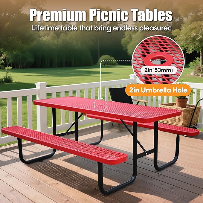 6FT Rectangular Metal Picnic Table for Outdoors, Commercial Steel Metal Picnic Tables, Heavy Duty Sturdy Picnic Tables Furniture Set for Patio Garden Courtyard BBQ, with Umbrella Hole, Red