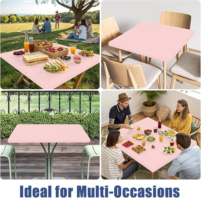 Spandex Square Table Cloth 6 Pack, Elastic Fitted Tablecloths for Picnic, Stretch Washable Patio Table Cover for Outdoor, Camping, Banquet and Parties (Pink, 34"x34")