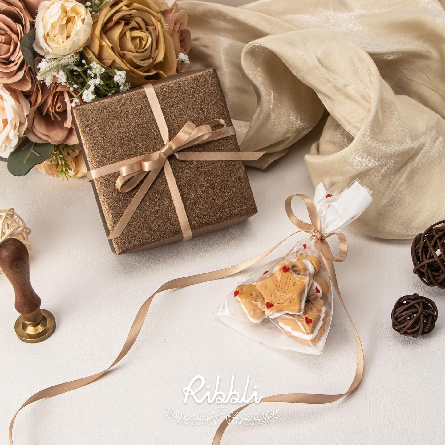 Ribbli Tan Satin Ribbon,Double Faced Satin 1/4 inch x Continuous 50 Yards,Champagne Ribbon Use for Bows Bouquet,Gift Wrapping,Wedding Decoration,Floral Arrangement