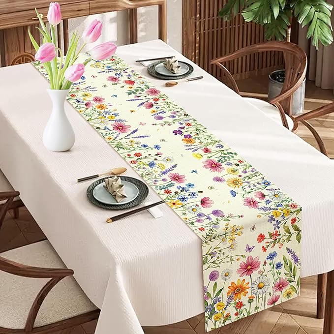 Daisy Tulip Lavender Floral Leaves Summer Table Runner, Spring Home Kitchen Dining Table Decorations Seasonal Holiday Party Decor 13×72 Inches (Colorful Flowers 1)