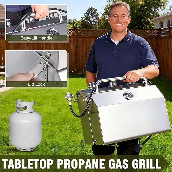 Bestfire 3-Burner Tabletop Gas Grill with Dual Connections, 30,000 BTU Portable Propane Grill Fits Large Cylinders & Small Canisters, Stainless Steel Knobs, Compact Design for Camping, RV, BBQ