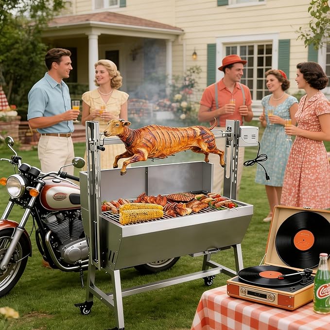 Electric Rotisserie Grill Kit with Windscreen, Large Charcoal Grill with Motor, Stainless Steel Automatic Pork Grill & Outdoor Lamb Goat Roaster, 132 Lbs Capacity for Camping Outdoor