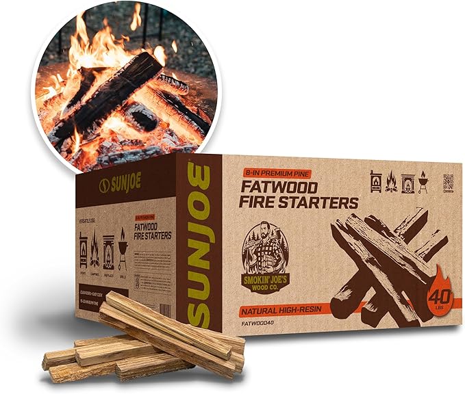 Sun Joe 40-Pound Fatwood Fire Starter Sticks, All-Natural Pine Kindling for Fireplace, Wood Stove, Pit and Grill, Made for Indoor or Outdoor Use