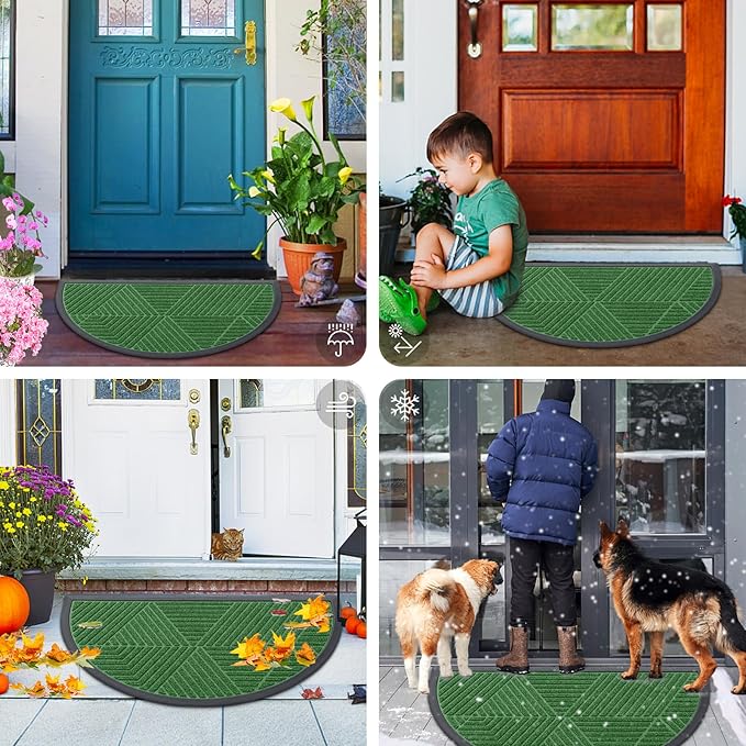 Smiry Half Circle Front Door Mat Outside Entrance, Heavy Duty Sturdy Natural Rubber Doormat, Trap Dirt and Moisture, Low Profile Mats for Indoor Outdoor Entry, Irregular Triangle (36x24, Green)