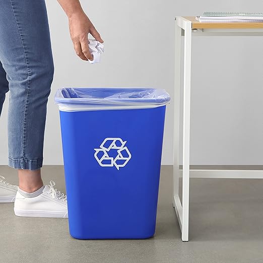 Amazon Basics Trash Can, Rectangular Commercial Office Wastebasket, Recycle Logo, 10 Gallon (Pack of 1), Blue