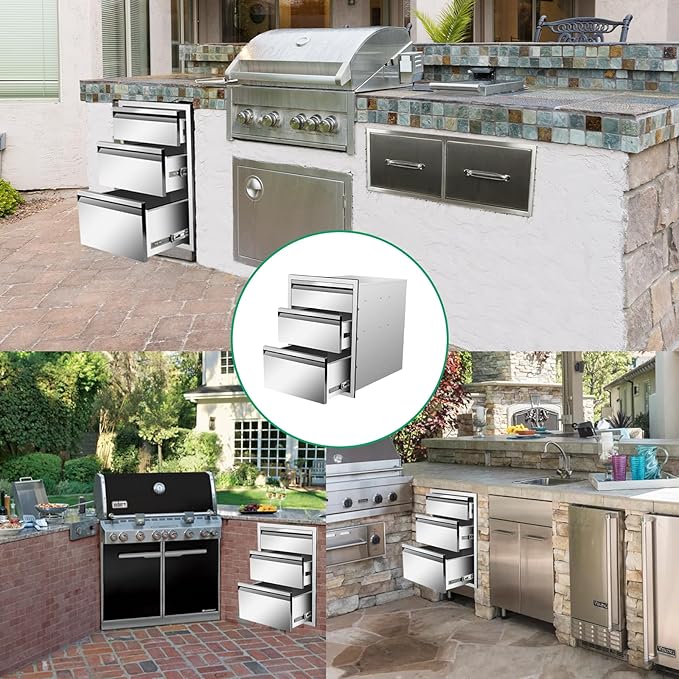 Outdoor Kitchen Drawers 18" W x 24" H x 23" D Stainless Steel Triple Drawers with Hidden Handle for BBQ Island, Patio Grill Station & Outdoor Kitchen Cabinets