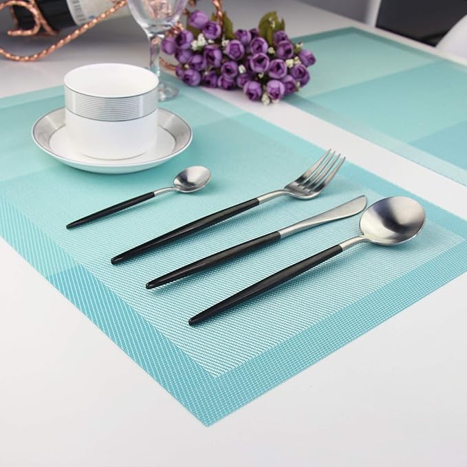 PIGCHCY Placemats Non-Slip Plastic Easy to Clean Woven Vinyl Placemats for Dining Table 18x12 Inches Washable Table Mats Set of 6 (Turquoise)