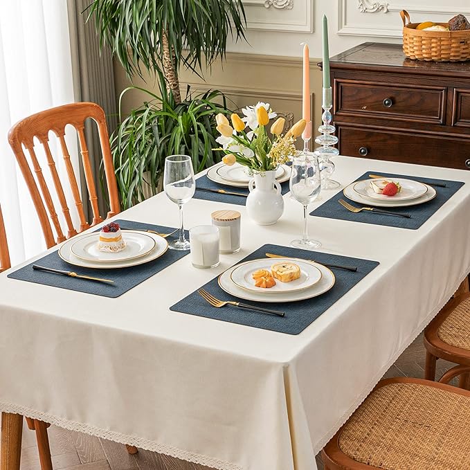 Romanstile Vinyl Placemats Set of 8-12 X 17 Inch - Heat Resistant Place Mats 100% Waterproof Oilproof Wipeable Reversible Faux Leather Table Mats for Kitchen, Dining, Party, Outdoor, Navy Blue