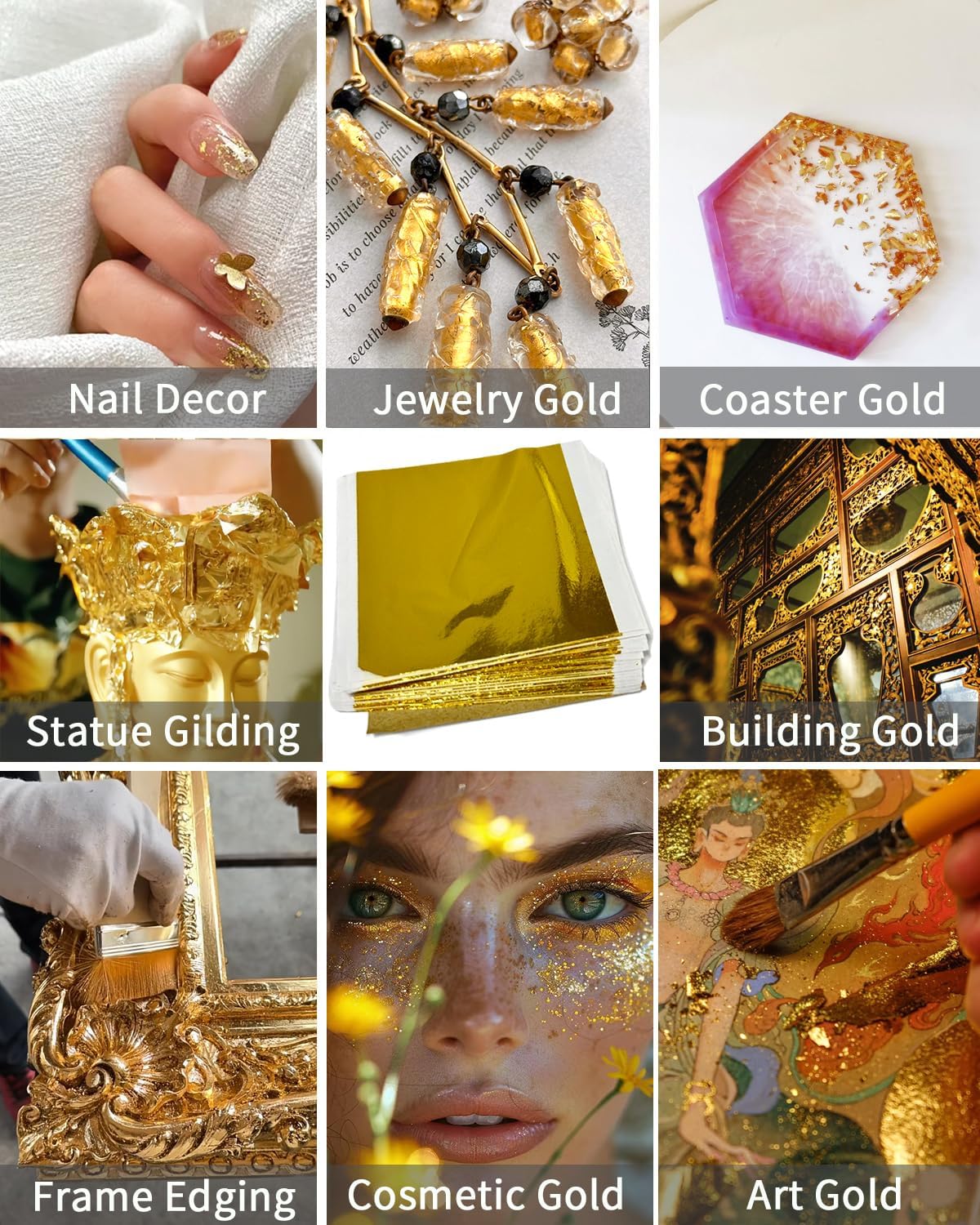 Luckymica Gold Leaf Sheets, 100 Pcs Adequate Gold Foil Sheets for Arts, Crafts, Decoration, Gilding, Paints, DIY, 5.5" x 5.5"