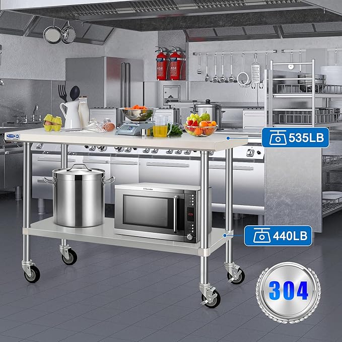 HARDURA Stainless Steel Table with Wheels 24 x 60 Inches Kitchen Prep Table Heavy Duty Stainless Steel Workbench with Aluminium Corner Undershelf NSF 304 Metel Table for Commercial Restaurant