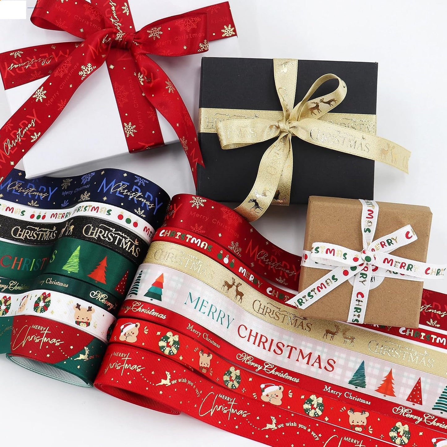 Christmas Gift Wrapping Ribbon, Red, Green, 2 Rolls Printed Grosgrain Ribbons for Crafts, Floral Bouquets, Sewing, Party and Festive Holiday Decor (2 Rolls(Color Blocking/Red), 1 Rolls=1in * 5Yards)