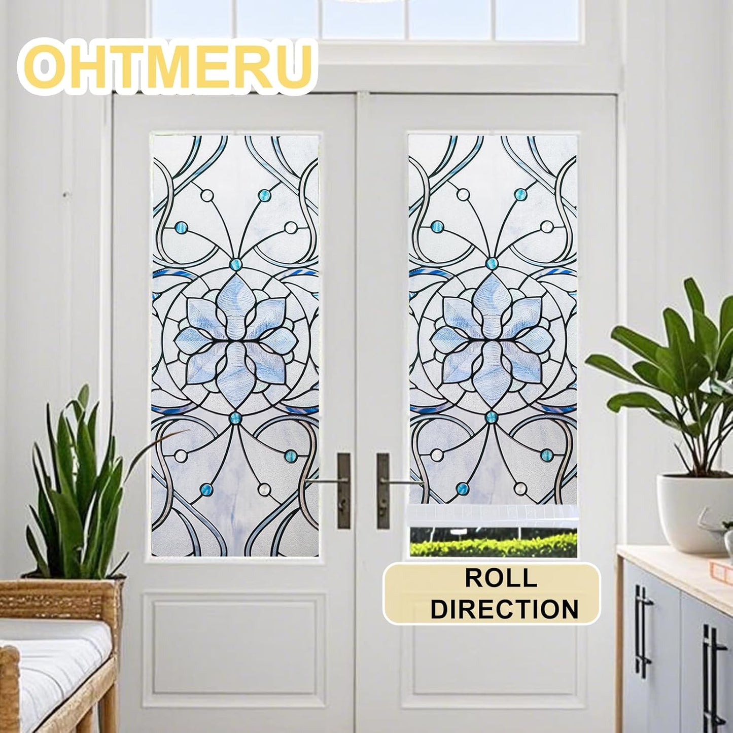 3D Stained Glass Window Privacy Film, Heat Control UV Blocking Static Cling Decorative Window Film for Bathroom,Front Door,Home Non Adhesive,16.9 x 78.7 inches Azure Bloom