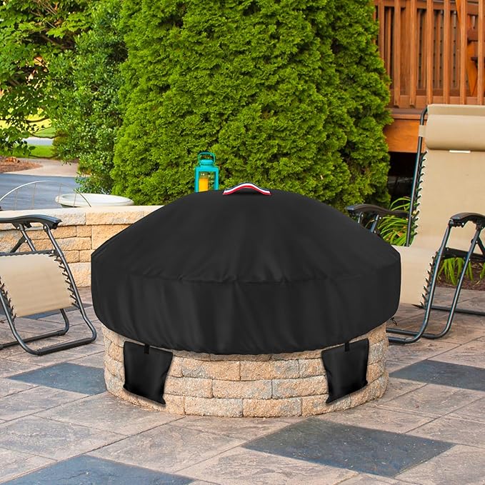 Outdoor Round Built in Stone Fire Pit Cover,Heavy Duty 600D Waterproof Cover for 50In-57In Fire Pit with Spark Screen,All-Weather Protection Round Fire Pit Cover for In Ground Brick Fire Pit,Black