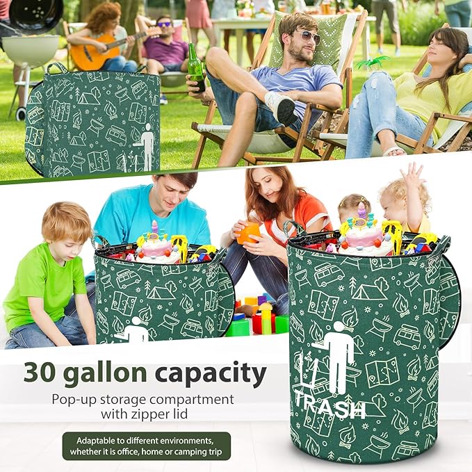 1 Pack Collapsible Trash Can Camping with Zippered Lid Foldable Storage Bin Portable Garbage Can for Outdoor Camping RV's Yard Waste (Trash Style)