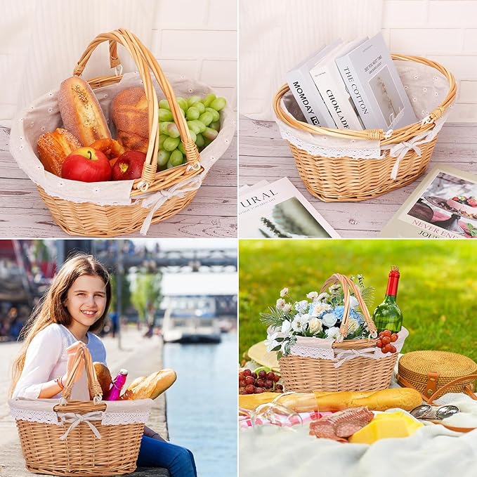 Natural Wicker Basket with Linen Lining, Woven Picnic Basket with Handle, Large Picnic Basket, Stylish Hand-Woven Favors Storage Basket for Picnic, Camping, Outdoor Party