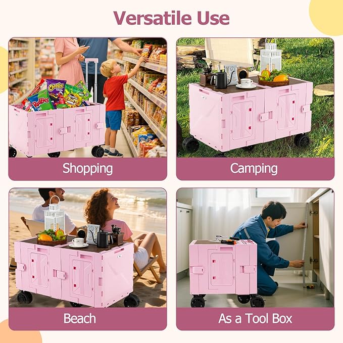Goplus Large Foldable Utility Cart w/ 2-Tier Storage Crates, 5 Rotate Wheels, Metal Telescoping Handle, Portable Rolling Trolley Collapsible Cart for Grocery Shopping Camping & Travel