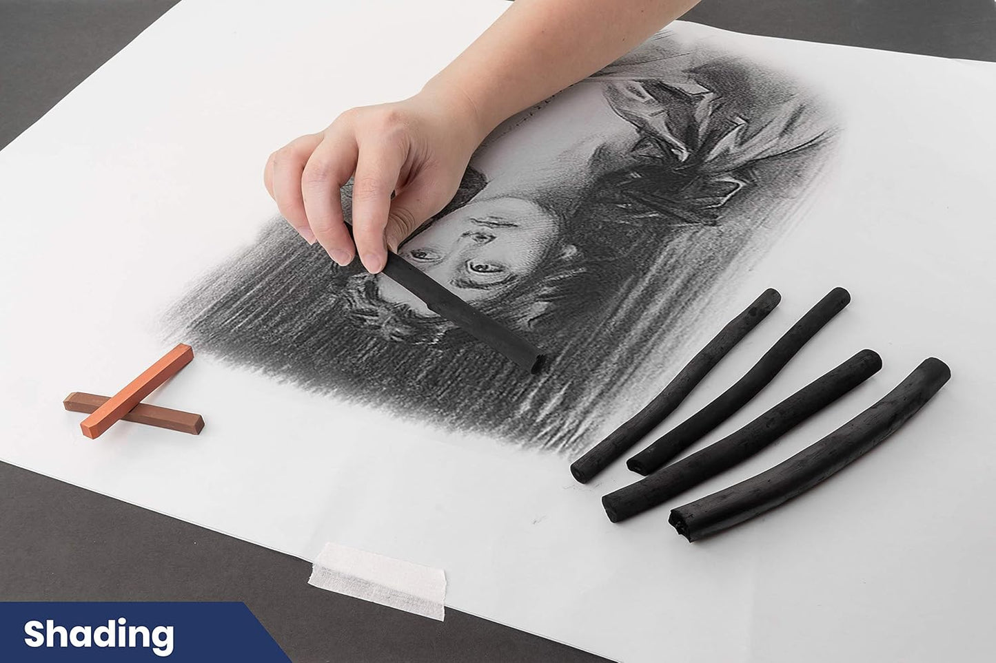 Pacific Arc Large Vine Charcoal Stick 5/Pkg, Soft, Black, Thick Willow Charcoal for Sketching and Drawing