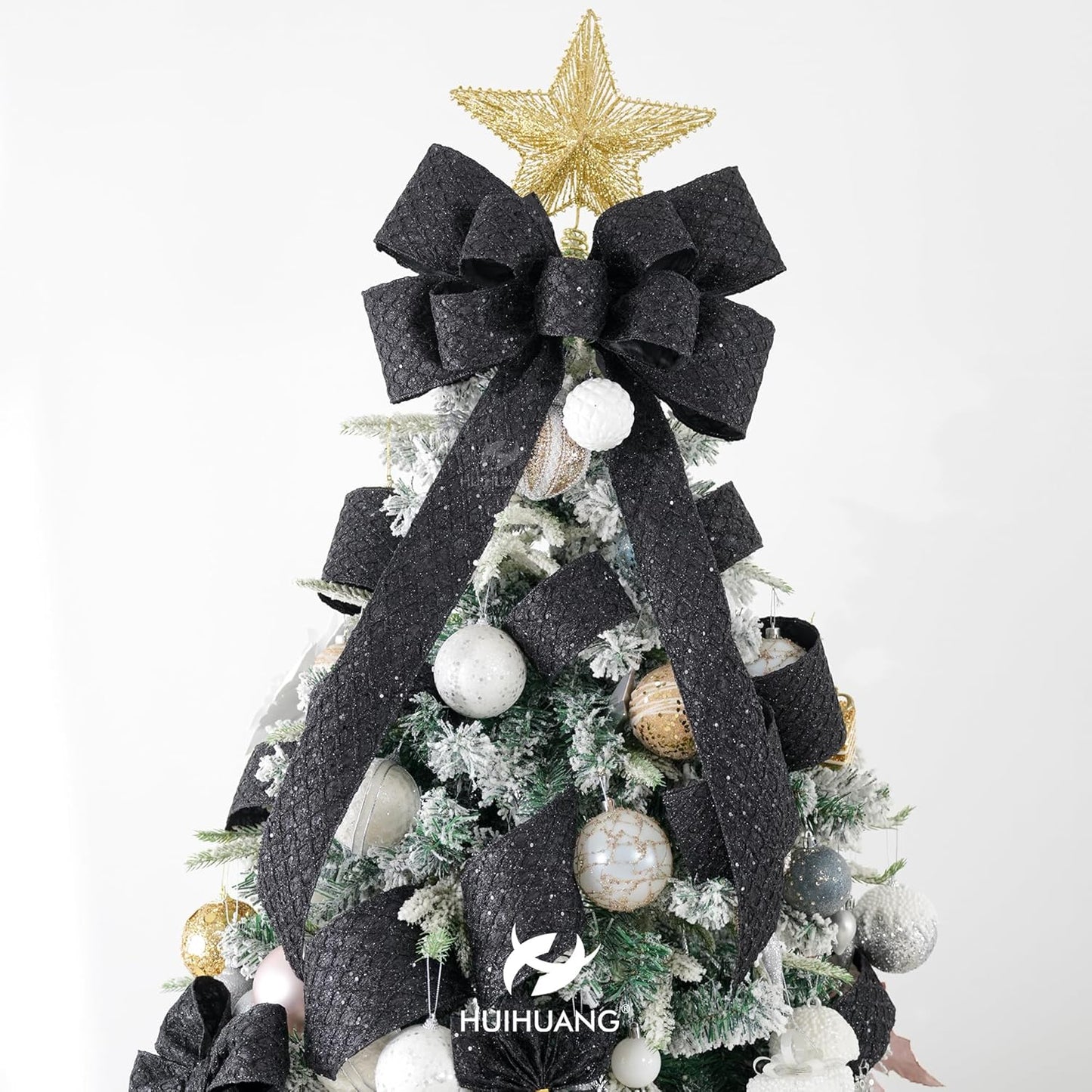 HUIHUANG Black Glitter Wired Ribbon 4 inch Black Christmas Tree Ribbon Diamond Mesh Wire Ribbon for Tree Decorations, Wreaths, Garland, Large Bows Making, Halloween Decor -10 Yards