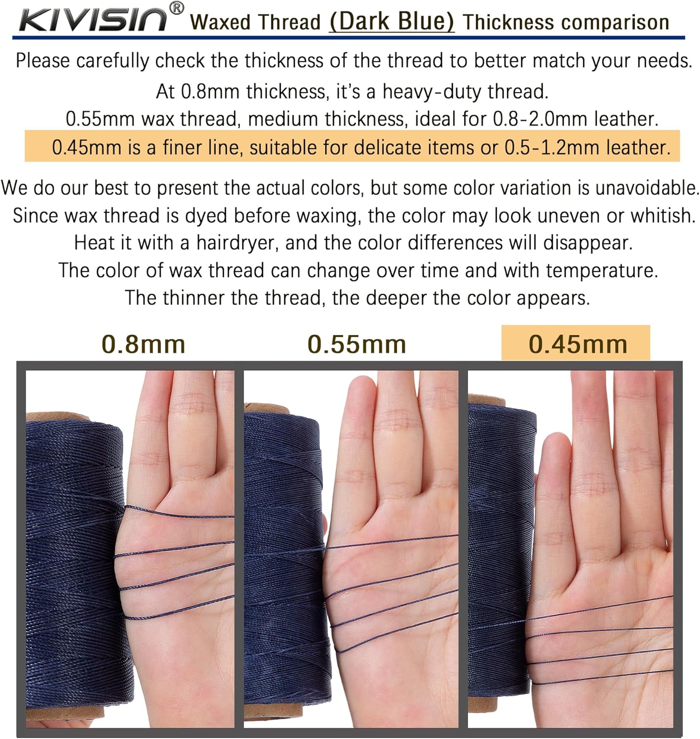 Thin Round Waxed Thread 0.45mm, 600 Yards, Dark Blue, Light Duty Polyester Wax Coated String for Leather Sewing, Upholstery, Beading, Micro Knotting, Bracelets and Macrame Jewelry Making