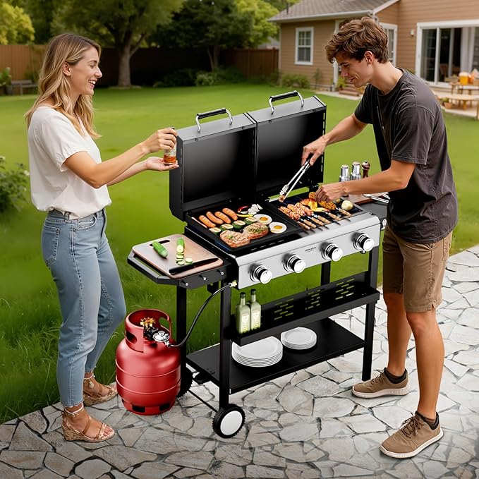 Bonnlo 2 in 1 Propane Flat Top Grill and Griddle Combo with Lid, Powerful 40,000 BTU Grills with Side Shelves & Integrated Ignition, 4 Burners Grill with Movable Wheels for Outdoor BBQ Camping Use