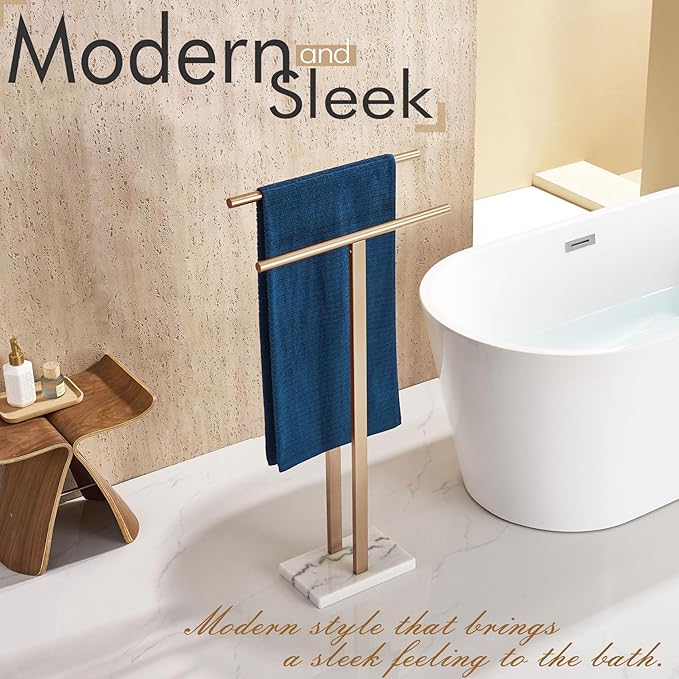 KOKOSIRI Standing Towel Rack for Bathroom Floor 2-Tier Towel Holder Free Stand with Heavy Marble Base Thicken Steady Champagne Bronze Stainless Steel THS0005-CPG