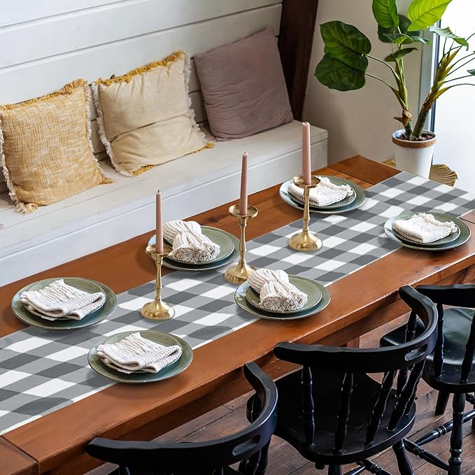 Fabric Checkered Table Runner 12 Pack Waterproof Gingham Table Runner 14W x 108L Buffalo Check Table Runners for Parties Kitchen Dining Wedding Banquet (Gray and White)