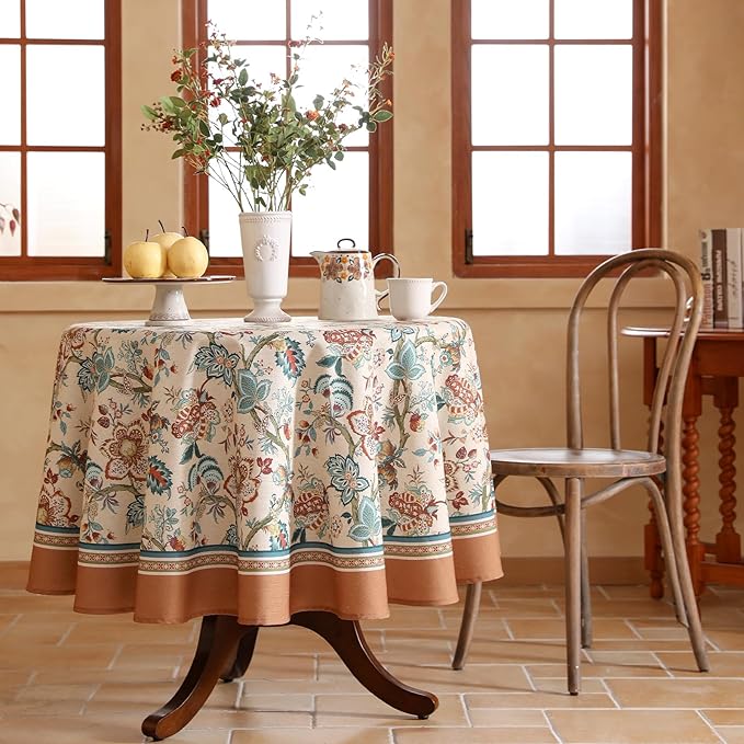 Designer Vintage Linen Small Round Tablecloth,Indian Style Wrinkle Free Orange Floral Table Cloth,Decor Table Cover for Kitchen,Dining,Thanksgivingome,Christmas,Diameter 55"-Mangala