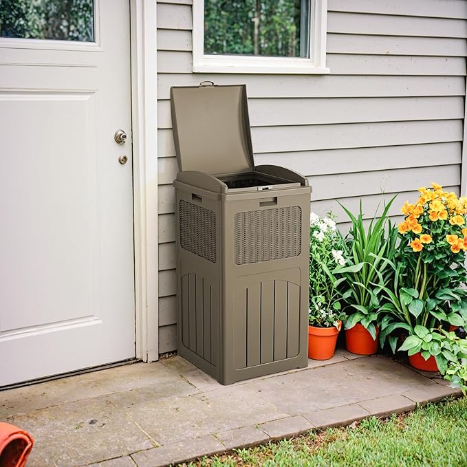 Devoko 33 Gallon Outdoor Trash Can, Hideaway Garbage Bins with Tiered Lid, Waterproof Resin Outside Waste Bins for Patio, Outside Pool, Backyard and Deck (1, Brown)