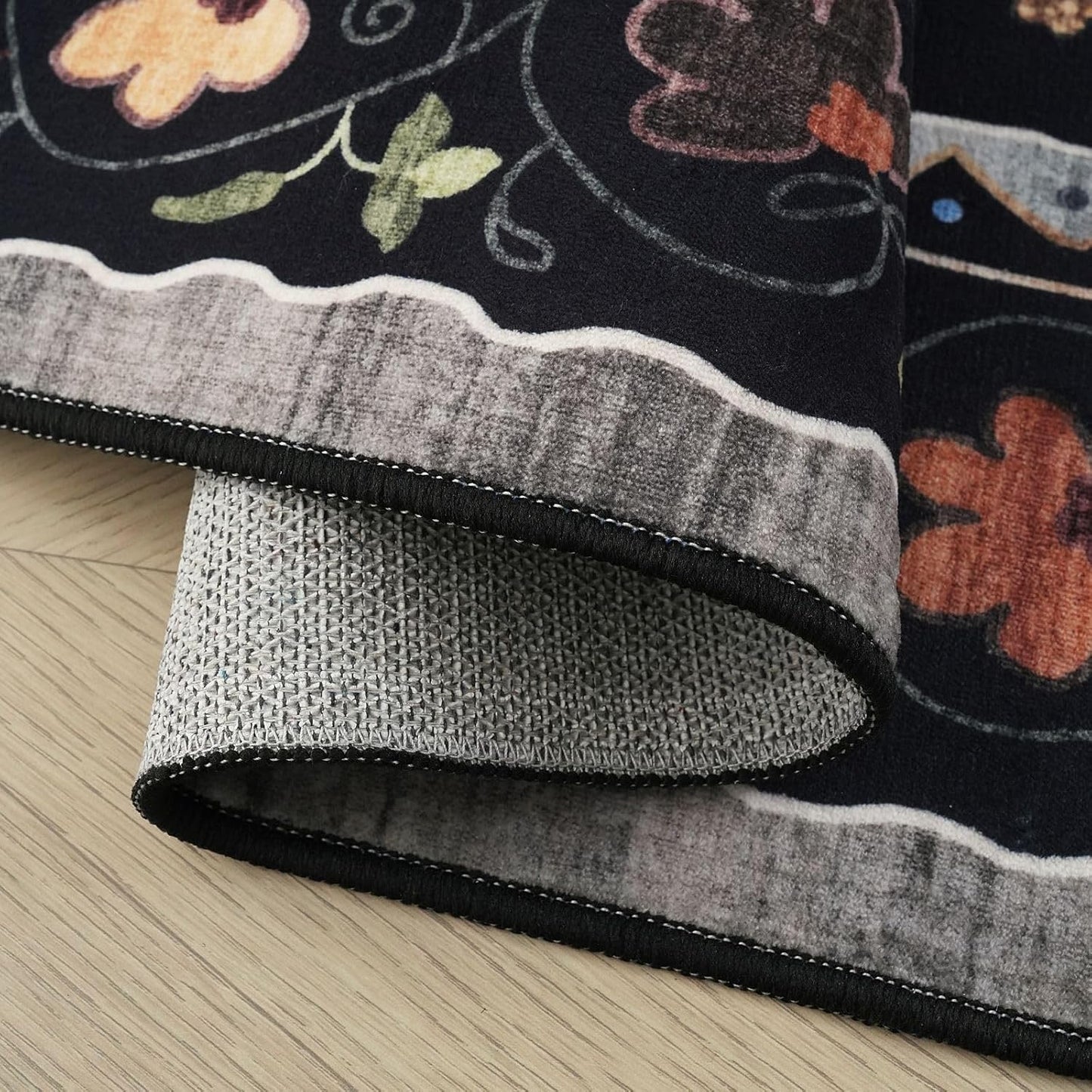 Rugcomf Door Mat Indoor Entrance 2x3 Rug Machine Washable Boho Floral Animal Cat Small Area Rug Non-Slip Low Pile Throw Rugs for Entryway Kitchen Front Door Indoor Entrance Entry Kids Room, Black