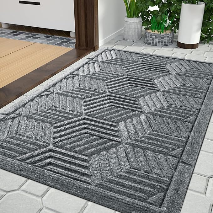 Yimobra Large Door Mat 47x32, All-Season Waterproof Outdoor Mats for Front Door Entrance with Drainage Holes, Heavy Duty Non-Slip Doormat for Garage Patio Entryway Indoor, Black Gray