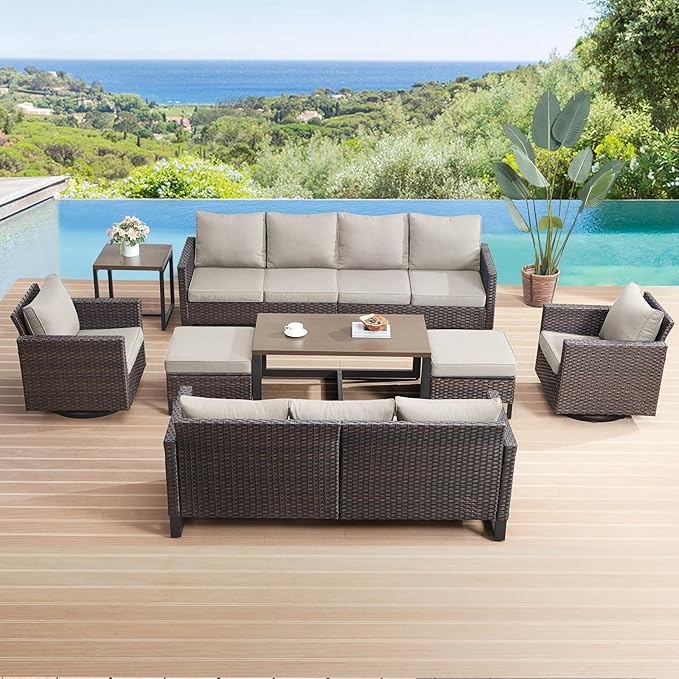 HUMMUH Outdoor Ottomans for Patio Set of 2 PE Wicker Outdoor Footstool with Removable Weather-Resistant Cushions for Patio, Backyard