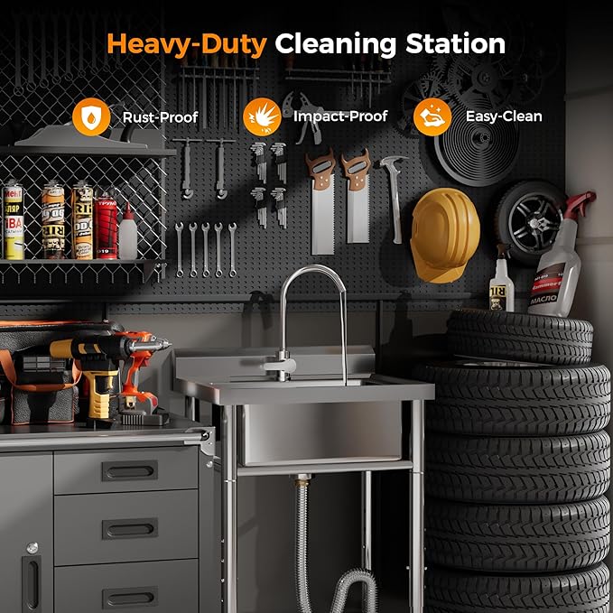 23"W Compact Utility Sink 18/8 Stainless Steel Portable Ergonomic Sinks with 4-Height Adjustable & 360° Swivel Faucet Laundry Room Kitchen Garage Outdoor BBQ RV Basement Hobby Room Bathroom