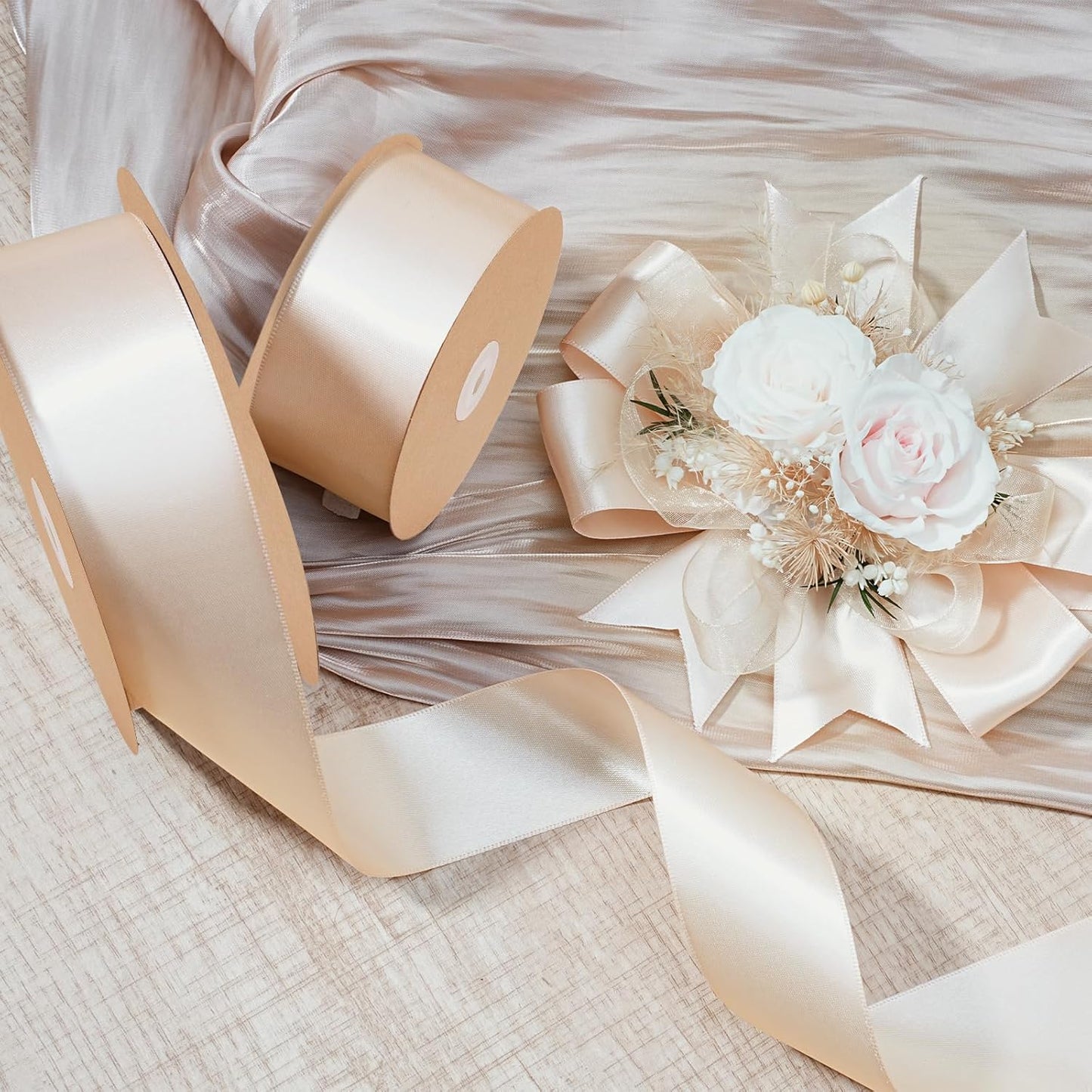 LaRibbons Nude Satin Ribbon 1 1/2 Inch 50 Yards Luxury Double Faced Ivory Silk Ribbon for Flower Bouquet Crafts Gift Wrapping Wedding Bow Christmas Decoration